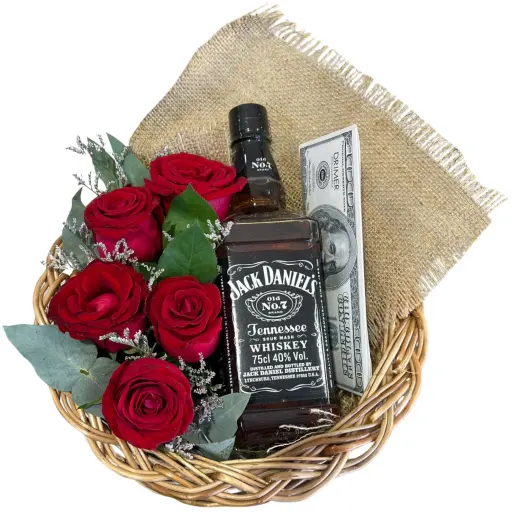 Cesta de flores rosas rojas importadas Whiskey Jack Daniels y ch